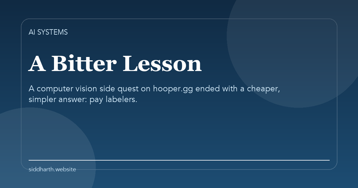 Title card for "A Bitter Lesson" about A computer vision side quest on hooper.gg ended with a cheaper, simpler answer: pay labelers.