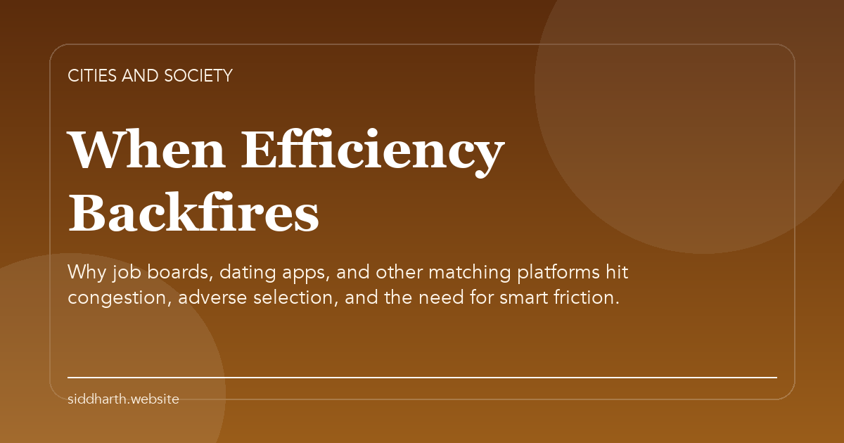 Title card for "When Efficiency Backfires" about Why job boards, dating apps, and other matching platforms hit congestion, adverse selection, and the need for smart friction.