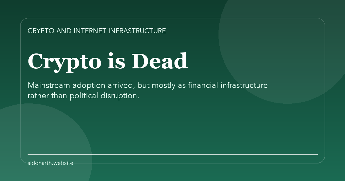 Title card for "Crypto is Dead" about Mainstream adoption arrived, but mostly as financial infrastructure rather than political disruption.