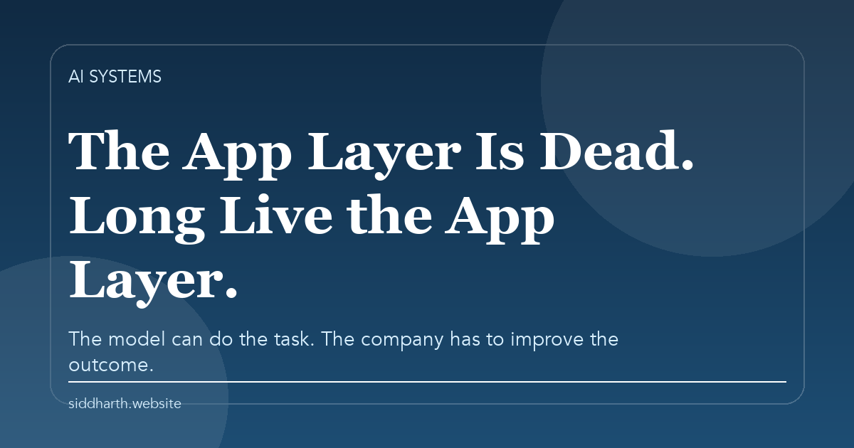 Title card for "The App Layer Is Dead. Long Live the App Layer." about the difference between bounded AI wrappers and compounding application companies.