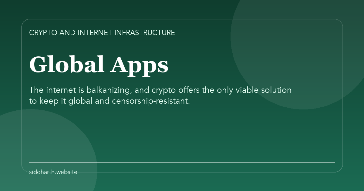 Title card for "Global Apps" about The internet is balkanizing, and crypto offers the only viable solution to keep it global and censorship-resistant.