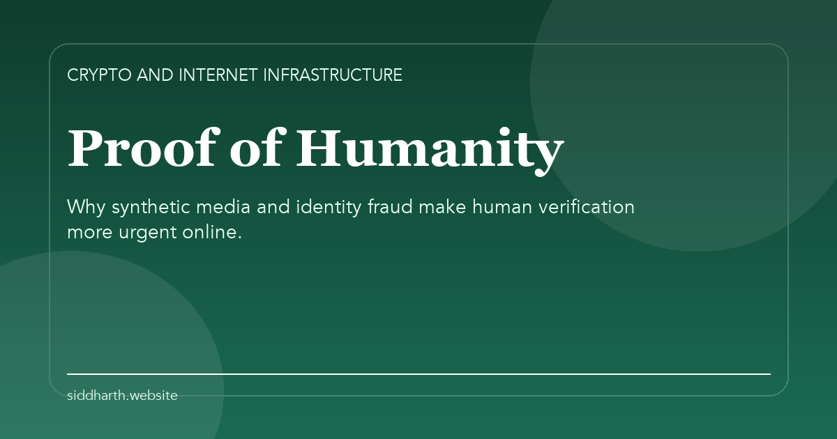 Title card for "Proof of Humanity" about Why synthetic media and identity fraud make human verification more urgent online.
