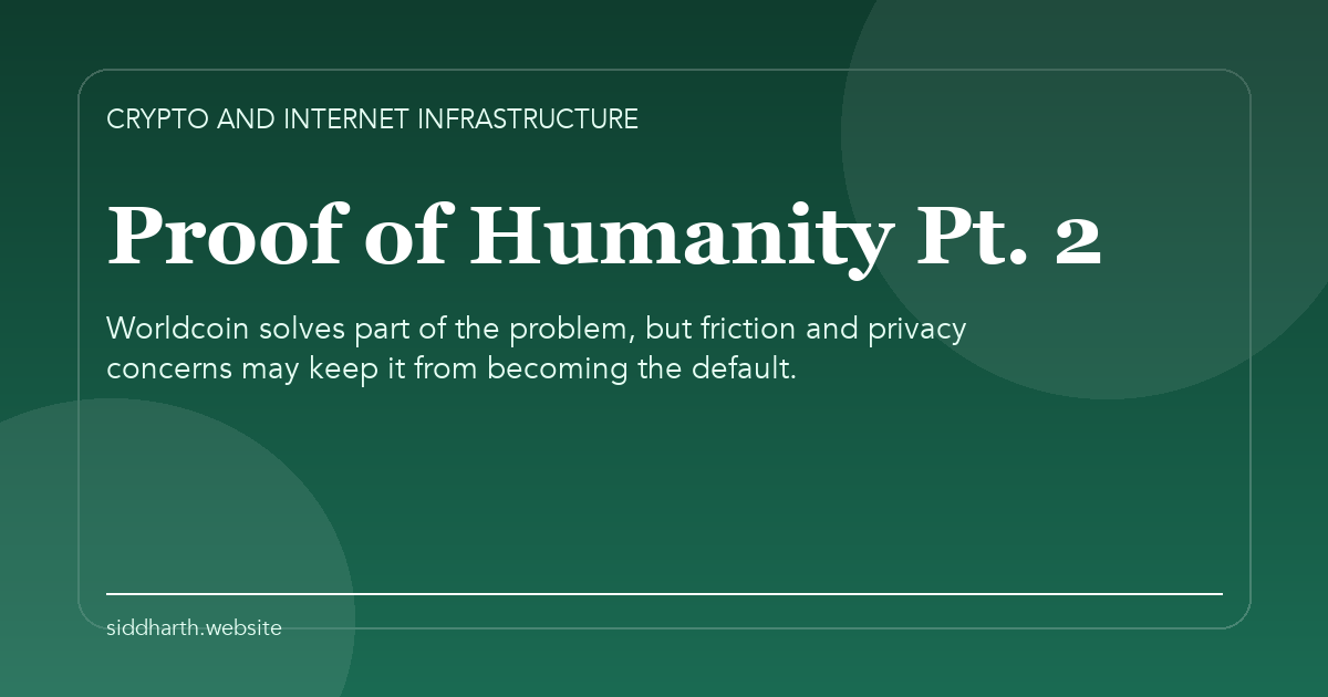 Title card for "Proof of Humanity Pt. 2" about Worldcoin solves part of the problem, but friction and privacy concerns may keep it from becoming the default.