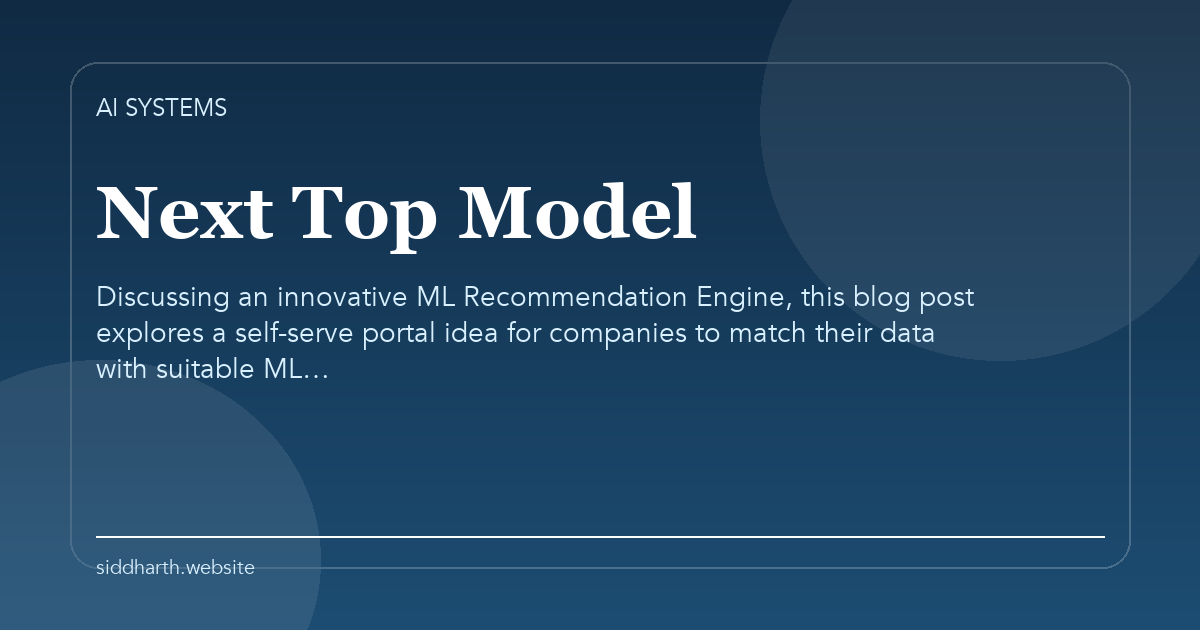 Title card for "Next Top Model" about Discussing an innovative ML Recommendation Engine, this blog post explores a self-serve portal idea for companies to match their data with suitable ML….