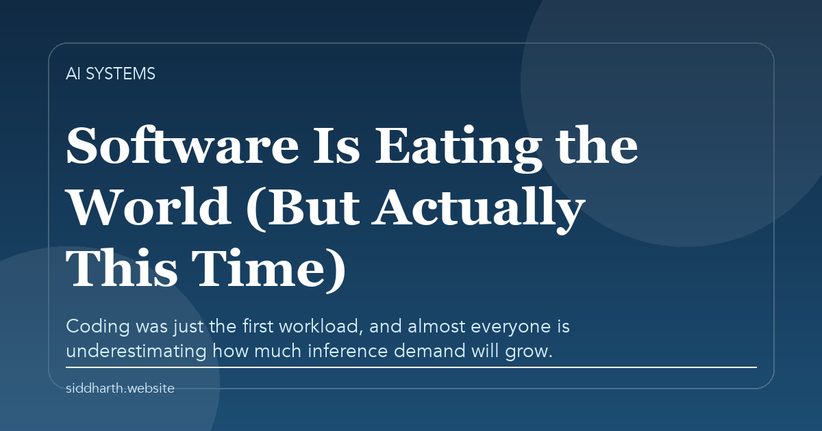 Title card for "Software Is Eating the World (But Actually This Time)" about Coding was just the first workload, and almost everyone is underestimating how much inference demand will grow.