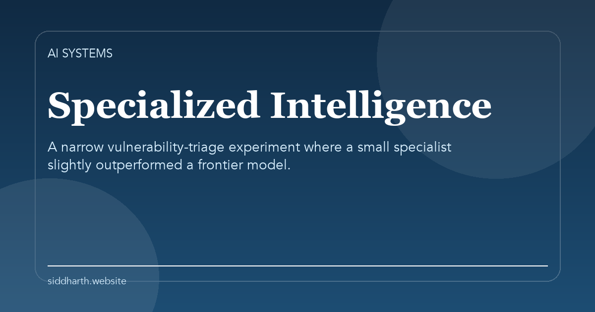 Title card for "Specialized Intelligence" about A narrow vulnerability-triage experiment where a small specialist slightly outperformed a frontier model.