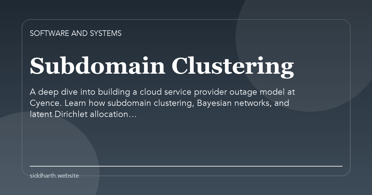 Title card for "Subdomain Clustering" about A deep dive into building a cloud service provider outage model at Cyence. Learn how subdomain clustering, Bayesian networks, and latent Dirichlet allocation….