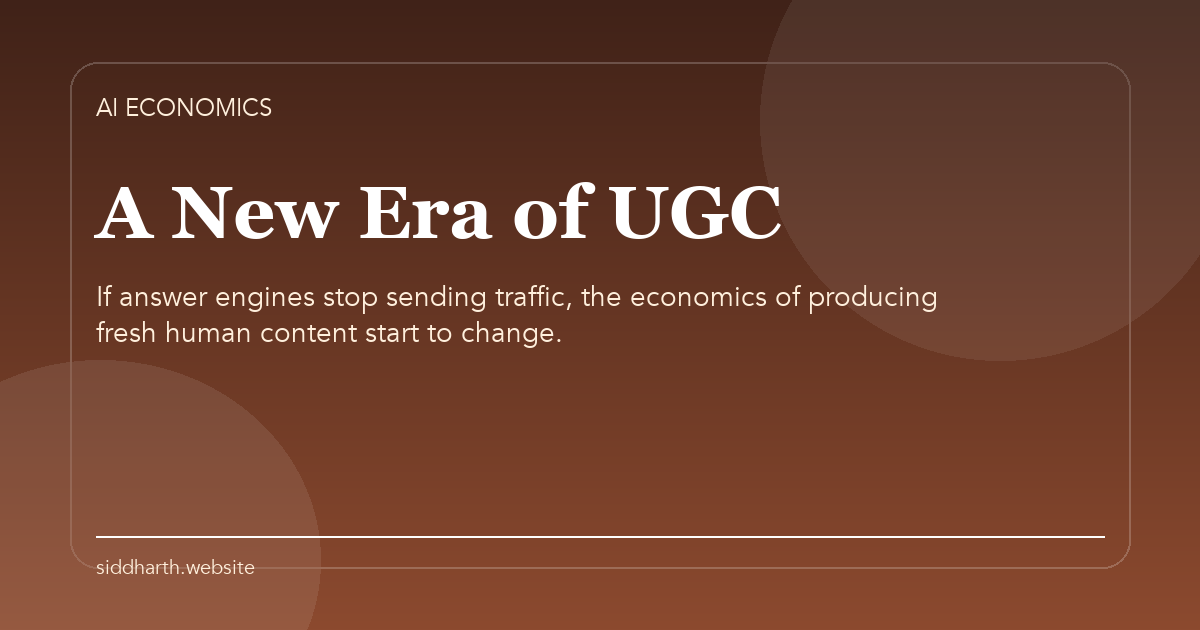Title card for "A New Era of UGC" about If answer engines stop sending traffic, the economics of producing fresh human content start to change.
