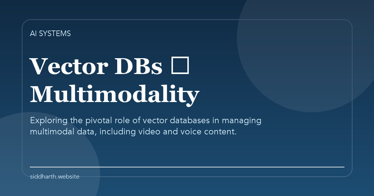 Title card for "Vector DBs 🤝 Multimodality" about Exploring the pivotal role of vector databases in managing multimodal data, including video and voice content.